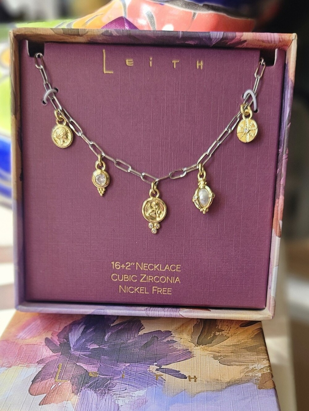 Leith Two-Tone Cubic Zirconia & Cultured Pearl Coin Charm Necklace